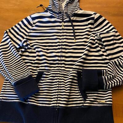 Calvin Klein navy and white stripe velour? warm up jacket hoodie M Performance Quick dry