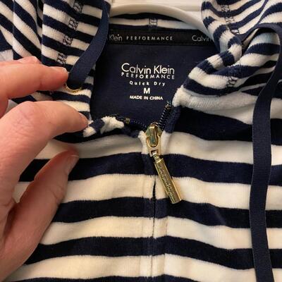 Calvin Klein navy and white stripe velour? warm up jacket hoodie M Performance Quick dry