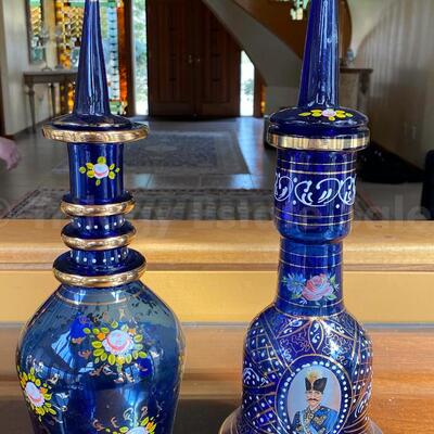 Persian painted Cobalt Blue glass decanters 