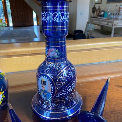 Persian painted Cobalt Blue glass decanters 