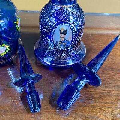 Persian painted Cobalt Blue glass decanters 