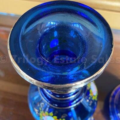 Persian painted Cobalt Blue glass decanters 