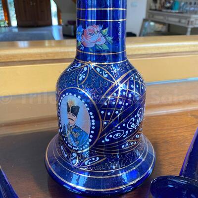 Persian painted Cobalt Blue glass decanters 
