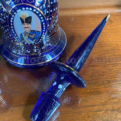 Persian painted Cobalt Blue glass decanters 