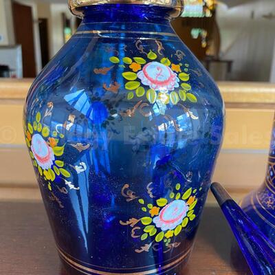 Persian painted Cobalt Blue glass decanters 