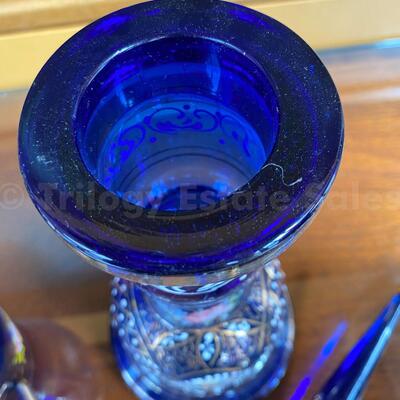Persian painted Cobalt Blue glass decanters 