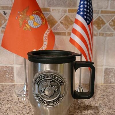 Lot 112: U.S. Marines Stainless Coffee Cup and Mini U.S. Marine Flag & U.S. Flag with Stands