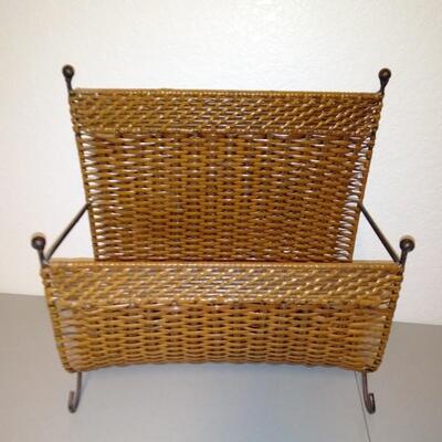 LOT 91 IRON AND WICKER PLANT BASKET AND MAGAZINE RACK