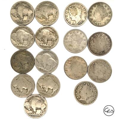 Grouping of 7 Liberty Head Nickels & 9 Buffalo Nickels