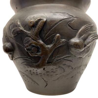 Japanese Bronze Vase with Raised Birds, Branches and Foliage