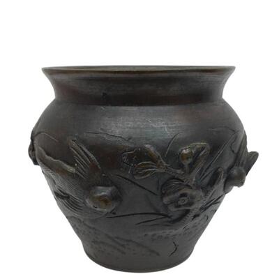 Japanese Bronze Vase with Raised Birds, Branches and Foliage