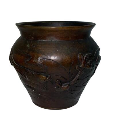 Japanese Bronze Vase with Raised Birds, Branches and Foliage