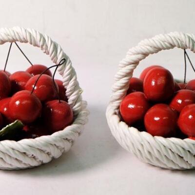 Pair of Italian Capodimonte Hand Painted Ceramic Cherry Baskets
