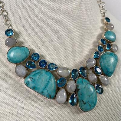 Sterling Chunky Turquoise & Moonstone Necklace