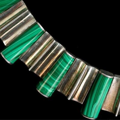 Modernist Taxco 970 Silver Malachite Necklace & Bracelet