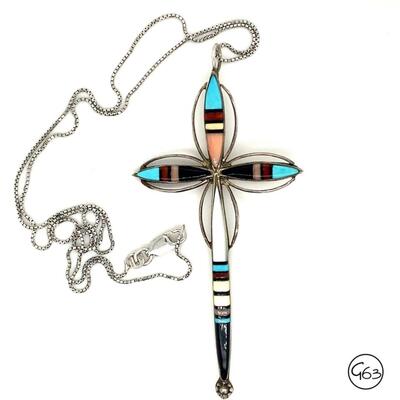 Sterling Zuni Lynette Laiwakete Inlay Cross Pendant Necklace