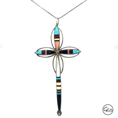 Sterling Zuni Lynette Laiwakete Inlay Cross Pendant Necklace