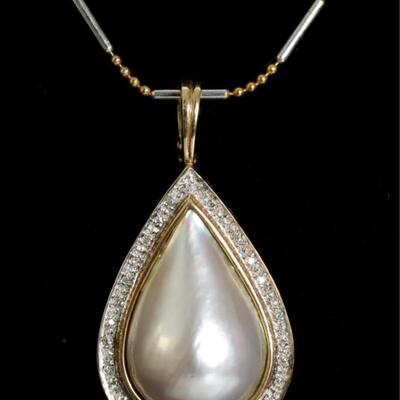 14k YG Pearl & Diamond Pendant Necklace