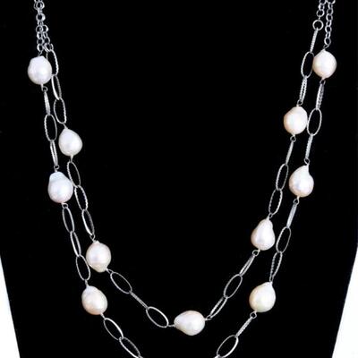 Sterling Double Strand Baroque Pearl Necklace