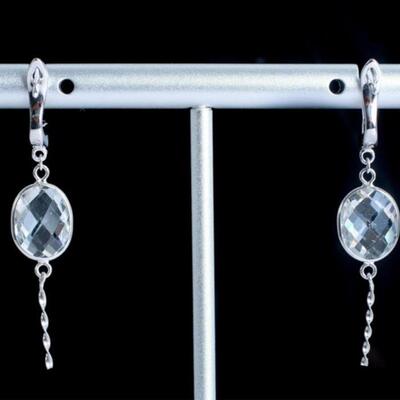 Pair, 18K WG & White Topaz Leverback Earrings