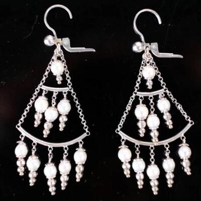 Pair, 14K White Gold & Pearl Chandelier Earrings