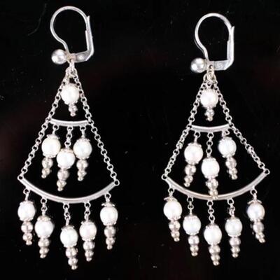 Pair, 14K White Gold & Pearl Chandelier Earrings