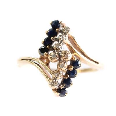 10k Yellow Gold Diamond & Sapphire Ring, Size 6.5