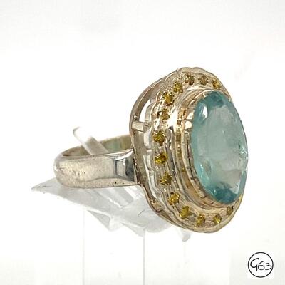 Custom Sterling Aqua & Yellow Sapphire Ring, Size 6.5