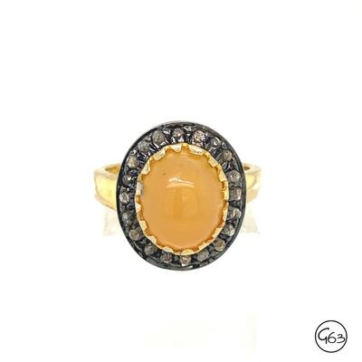 Sterling Gold Tone Opal & Diamond Chips Ring, Size 6.75