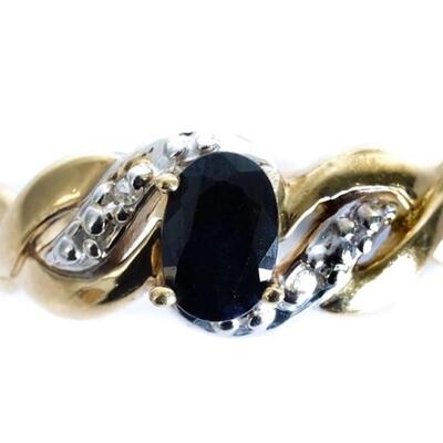 10k Yellow Gold Dark Blue Topaz & Diamond Ring, Size 7