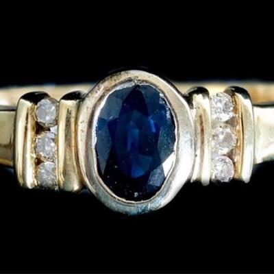 10k Yellow Gold Blue Topaz & Diamond Ring, Size 7