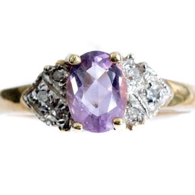 14k Yellow Gold Diamond & Amethyst Ring, Size 7