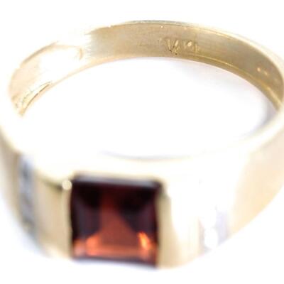 14k Yellow Gold Diamond & Red Gemstone Ring, Size 7