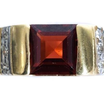 14k Yellow Gold Diamond & Red Gemstone Ring, Size 7