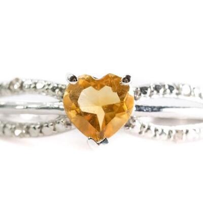 10k WG Diamond & Heart Citrine Ring, Size 7
