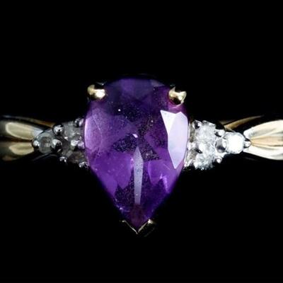 10k Yellow Gold Diamond & Amethyst Ring, Size 7