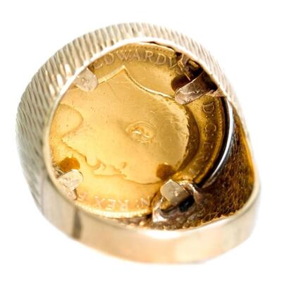 English Edward VII Gold Sovereign Coin Ring, Size 8.5