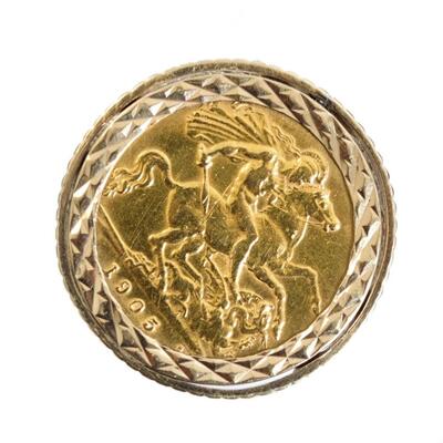 English Edward VII Gold Sovereign Coin Ring, Size 8.5