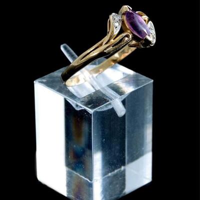 10k Yellow Gold Diamond & Amethyst Ring, Size 8.75