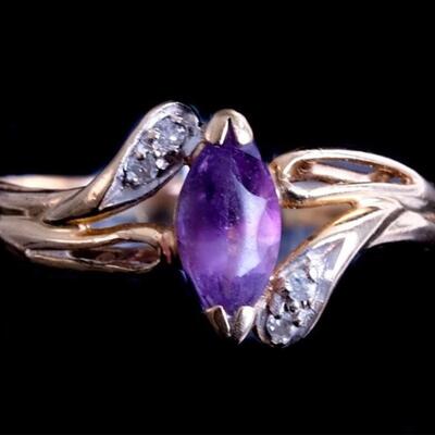 10k Yellow Gold Diamond & Amethyst Ring, Size 8.75