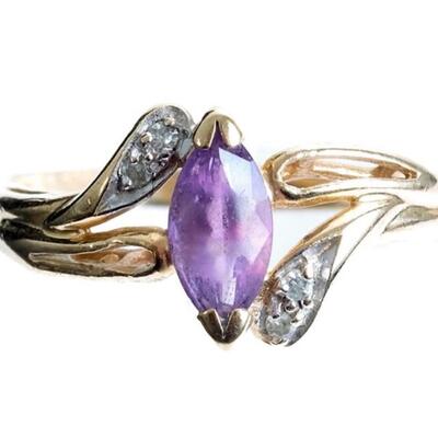 10k Yellow Gold Diamond & Amethyst Ring, Size 8.75