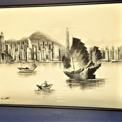 Lot #146  Vintage Monochromatic Painting - Japanese Junks in Hong Kong Harbor