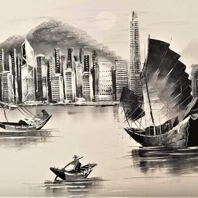 Lot #146  Vintage Monochromatic Painting - Japanese Junks in Hong Kong Harbor
