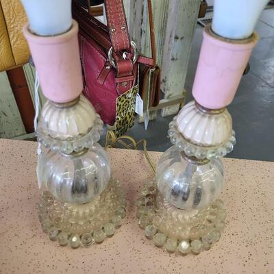 PAIR OF ANTIQUE PINK & GLASS LAMPS