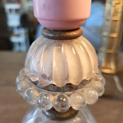 PAIR OF ANTIQUE PINK & GLASS LAMPS