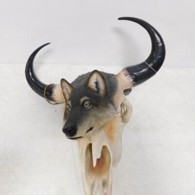 Vintage J H Boone 'Wolfsong' Cow Skull Sculpture Wall Art by Paul Carriko 1998