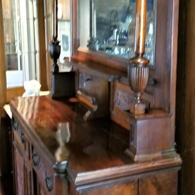 Lot #161  Antique Side Board with Beveled Mirror