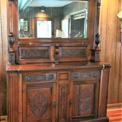 Lot #161  Antique Side Board with Beveled Mirror