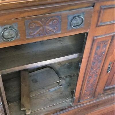 Lot #161  Antique Side Board with Beveled Mirror