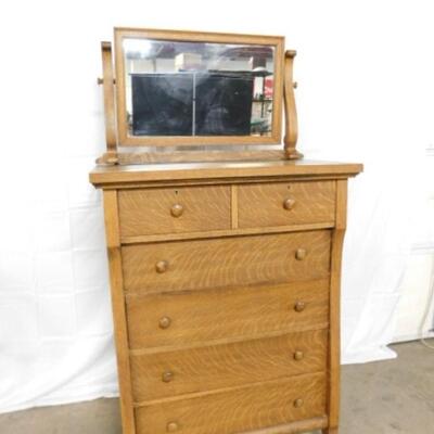 Antique Solid Tiger Oak 2 over 4 Dresser with Mirror Top
